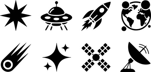 Fototapeta premium Black space rocket, ufo, earth, satellite, comet, starburst, sparkle, dish