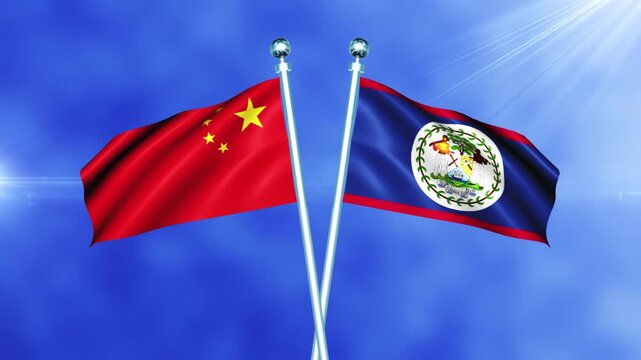 China and Belize Flag Waving On Pole Loop