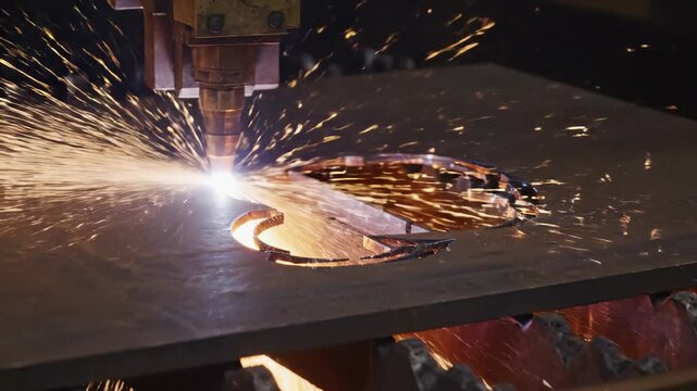 Intricate patterns emerge as a powerful laser cutting machine creates detailed designs on a metal sheet. Bright sparks illuminate the workspace, showcasing advanced technology in action.