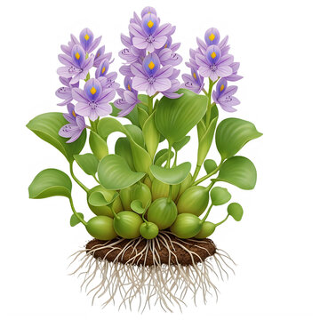 A vibrant cluster of water hyacinth plants featuring delicate purple flowers and green foliage isolated on transparent background