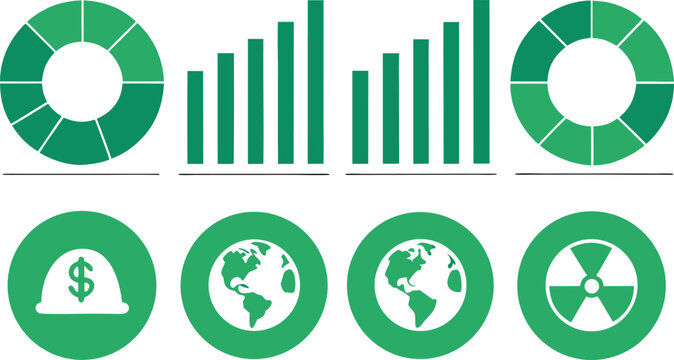 Set of green business featuring bar charts, pie charts, globe symbols, and nuclear
