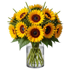 Obraz premium A beautiful arrangement of bright yellow sunflowers displayed in a clear glass cylindrical vase isolated on transparent background