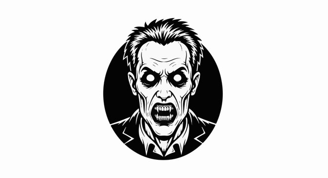 Terrifying zombie with wide eyes and bared fangs, in black and white
