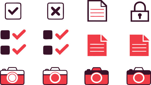 Set of hand drawn style including checkmarks, documents, padlocks, and cameras in red and black