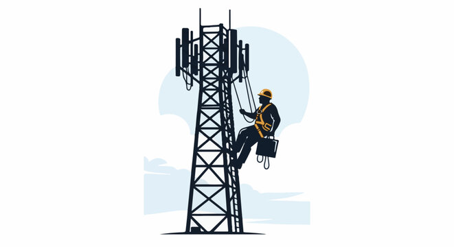 A worker in safety gear climbs a tall cell tower against a cloudy sky