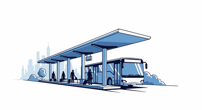 Stylized illustration of a bus arriving at a city terminal with passengers waiting