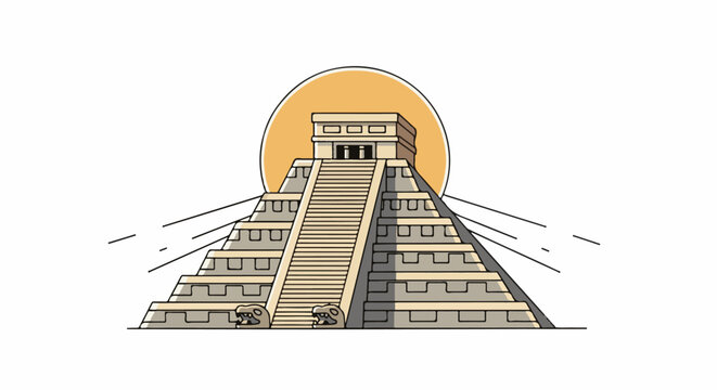 Stylized ancient stepped pyramid with sun and snake carvings