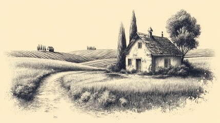 Obraz premium Sketch by Hand of Vineyard Landscape Including a Farmhouse