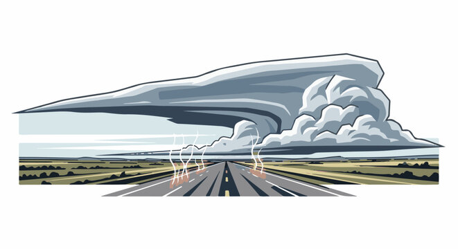 A large, menacing storm cloud looms over a long, empty highway