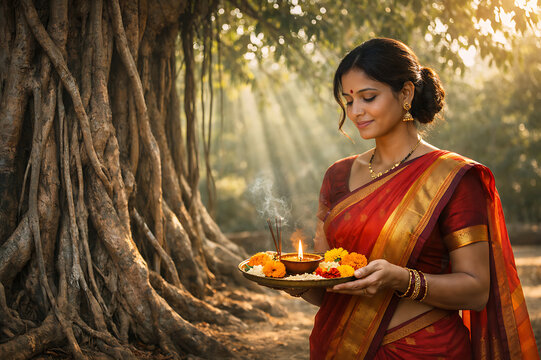 Graceful married women observing Vat Purnima, Vat Savitri Vrat, Vat Purnima Pournima fasting, tying sacred threads around banyan tree, seeking blessings for marital happiness and eternal togetherness