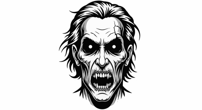 A monochrome, stylized illustration of a frightening, emaciated face with wild hair and sharp teeth