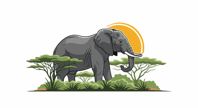 A stylized elephant stands in an African landscape at sunrise
