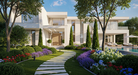 Fototapeta premium Modern luxury villa with landscaped garden and outdoor pool in sunny daylight