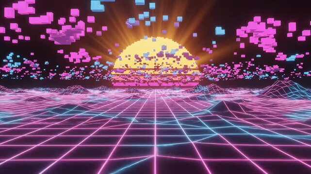 A vivid sunset radiates brilliant shades of pink and orange over a mesmerizing pixel landscape filled with floating cubes, exuding a sense of digital wonder and imaginative exploration.