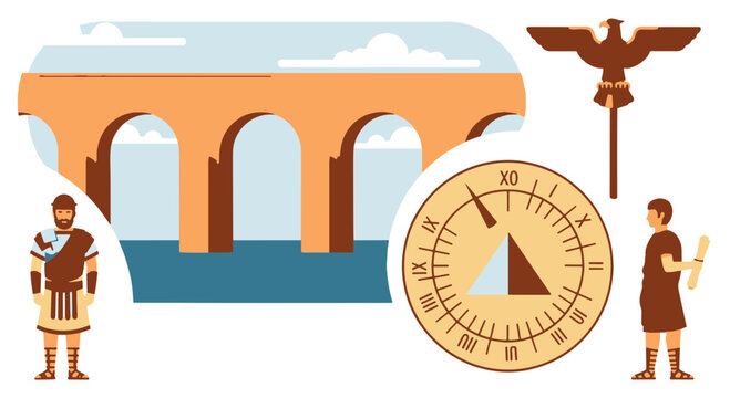 Ancient Roman Empire Scene with Aqueduct Legionary Eagle Standard and Scholar with Scroll