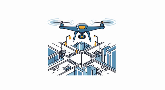Isometric drone flying over a city intersection with cars and streetlights