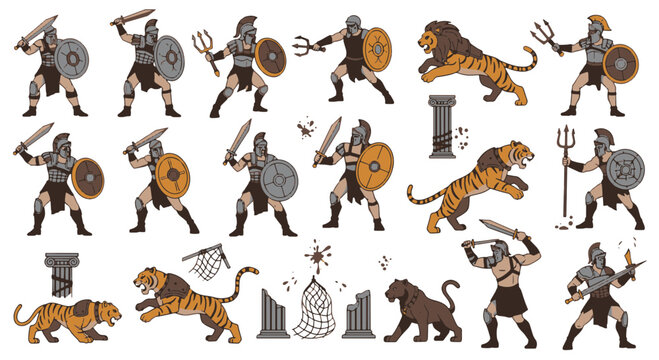 Gladiators Fighting Lions and Tigers in Ancient Roman Empire Arena
