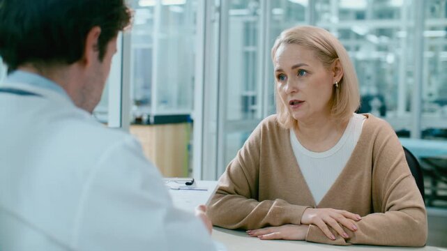 Mature female patient handing clipboard with signed medical consent form to male doctor and talking to him during consultation at modern clinic