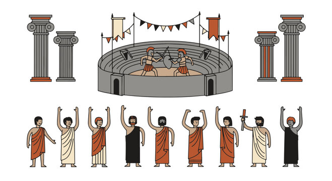 Ancient Greek Gladiators Fighting in Arena with Spectators and Architectural Columns