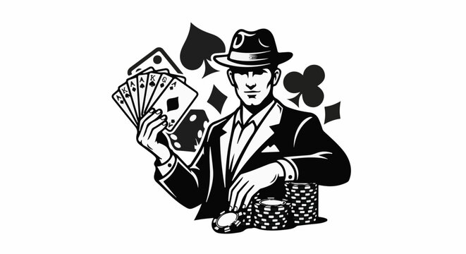 Gentleman in suit and fedora holding playing cards and poker chips