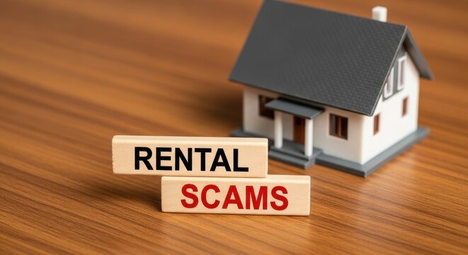Rental scams text on wooden blocks, real estate fraud concept with miniature house model, housing market deception and property crime
