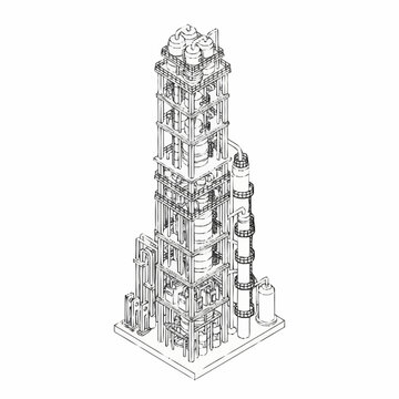 Detailed isometric line drawing of an industrial distillation column, representing chemical processing and manufacturing.
