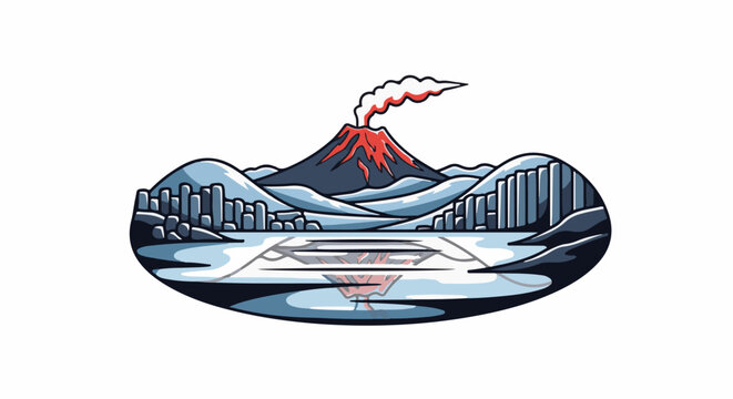 Pixel art of a smoking volcano, cityscape, and icy lake reflection
