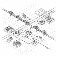 Fototapeta premium Industrial complex with bridges and pipelines, isometric view, black and white sketch.