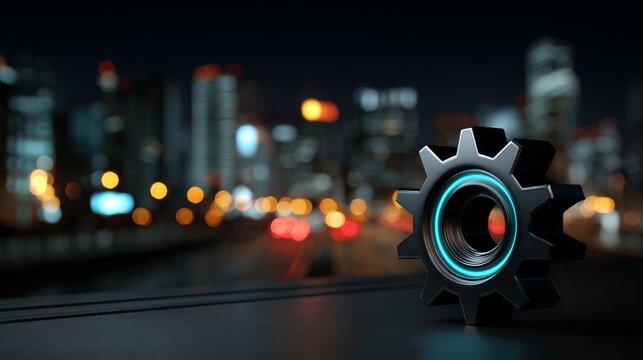 Illuminated digital circuit patterns and mechanical gears decorate the suspension bridge