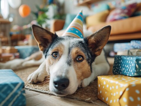 A tricolor cattle dog wearing a colorful party hat lies among wrapped gifts. A symbol of pet love, family bonding, a milestone celebration, and a "gotcha day" anniversary.