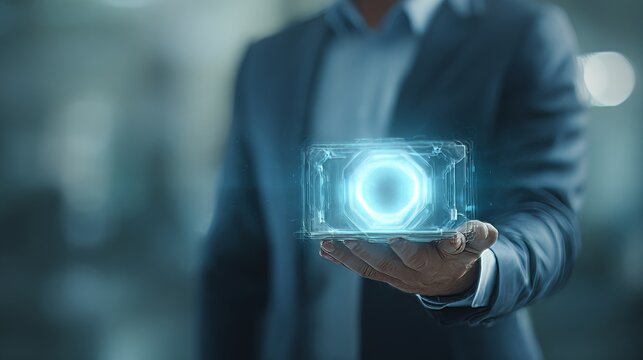 A person grips a tablet that shows a 3D geometric shape alongside a futuristic interface