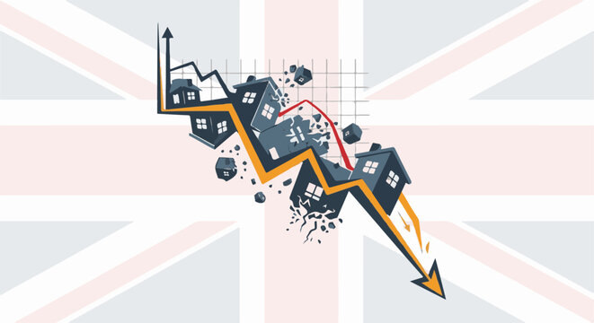 Collapsing houses on a downward trending graph over a flag