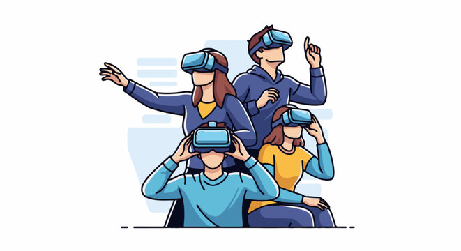 Diverse group experiences virtual reality together, engaging with unseen worlds