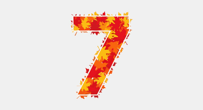 Digit seven formed by colorful autumn leaves on a light gray background