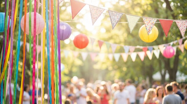 A blurred background of a lively outdoor party with colorful streamers and bokeh lights.