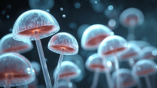 Luminous, ethereal bioluminescent fungal forms sprout from the dark, textured earth, casting a gentle glow
