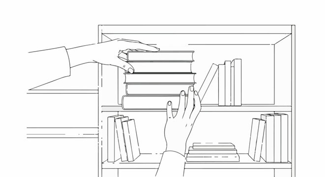 Hands organize books on a shelf, one stack being placed
