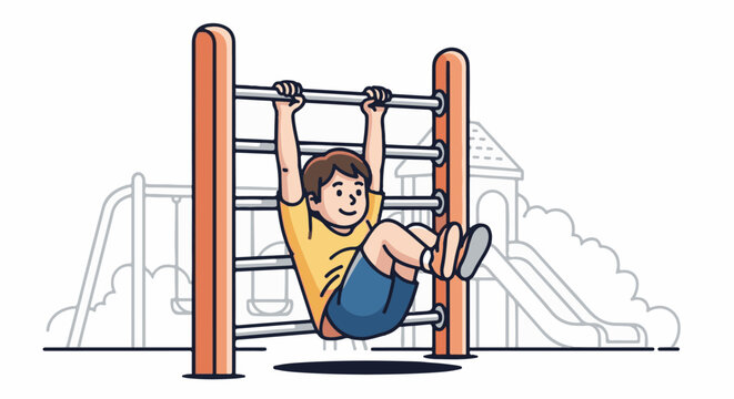 Smiling boy hanging on monkey bars at a playground