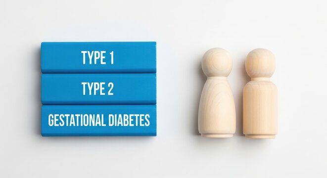 Diabetes classification on blue wooden blocks, Type 1 and Type 2 gestational diabetes medical concept, wooden figures representing patients