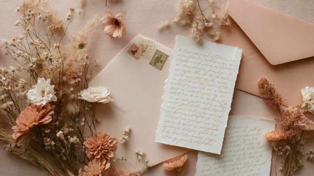 A soft peach backdrop flat lay with handwritten recipe cards, blush envelopes, and scattered dried florals under bright diffused daylight