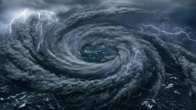 A dramatic storm cell forming over open ocean seen from above at altitude, the spiraling cloud system rotating visibly with a clearing eye at its center, lightning illuminating