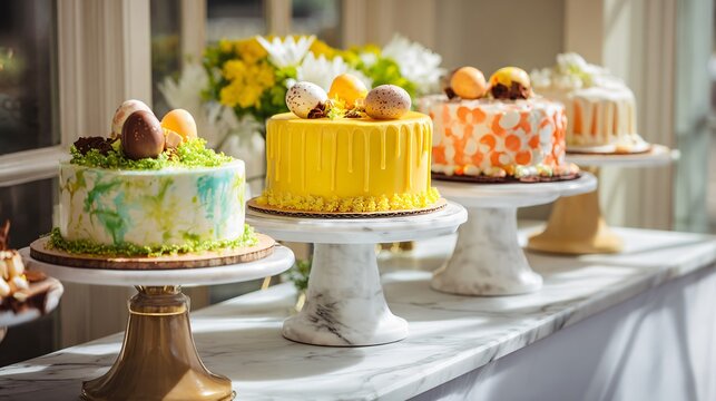 A vibrant Easter dessert showcase displayed on marble pedestals beneath bright natural window light