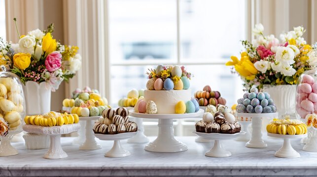 A vibrant Easter dessert showcase displayed on marble pedestals beneath bright natural window light