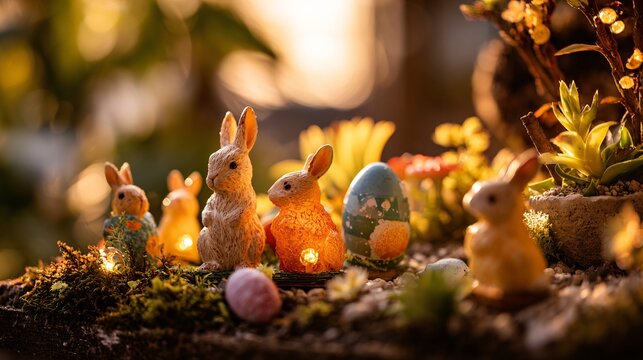A whimsical Easter fairy garden scene with miniature eggs and tiny bunny figurines glowing in warm golden hour light