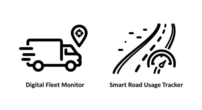 Digital fleet monitor and smart road usage tracker icons with transport