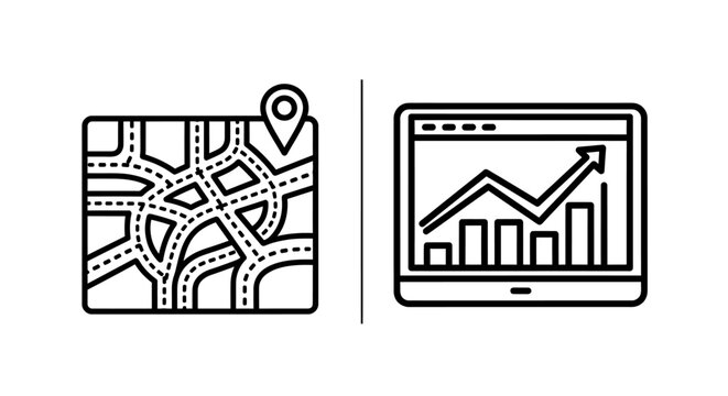 City map navigator and growth chart dashboard icons with navigator, dashboard
