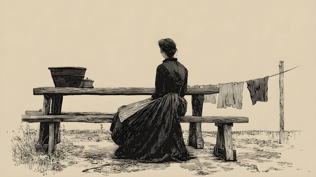 Vintage Peasant Woman Sitting on Wooden Bench Rustic 1900s Rural Scene Illustration