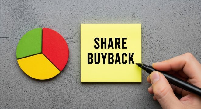 Share buyback financial concept on yellow sticky note, corporate stock repurchase strategy, colorful pie chart on grey background