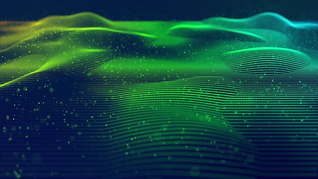 3d render particles background VJ loop Green neon particle wave landscape undulating d mesh with dotted sparks, slow smooth motion, ambient VJ loop for stage or background, highresolution render