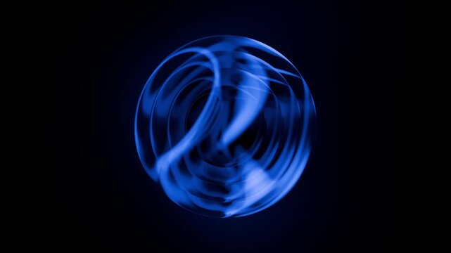 Seamless loop background with abstract blue layered sphere and glowing plasma flow patterns within. Fluid light waves smoothly moving in dark translucent orb. Looped energy ball animation , 4K 60fps